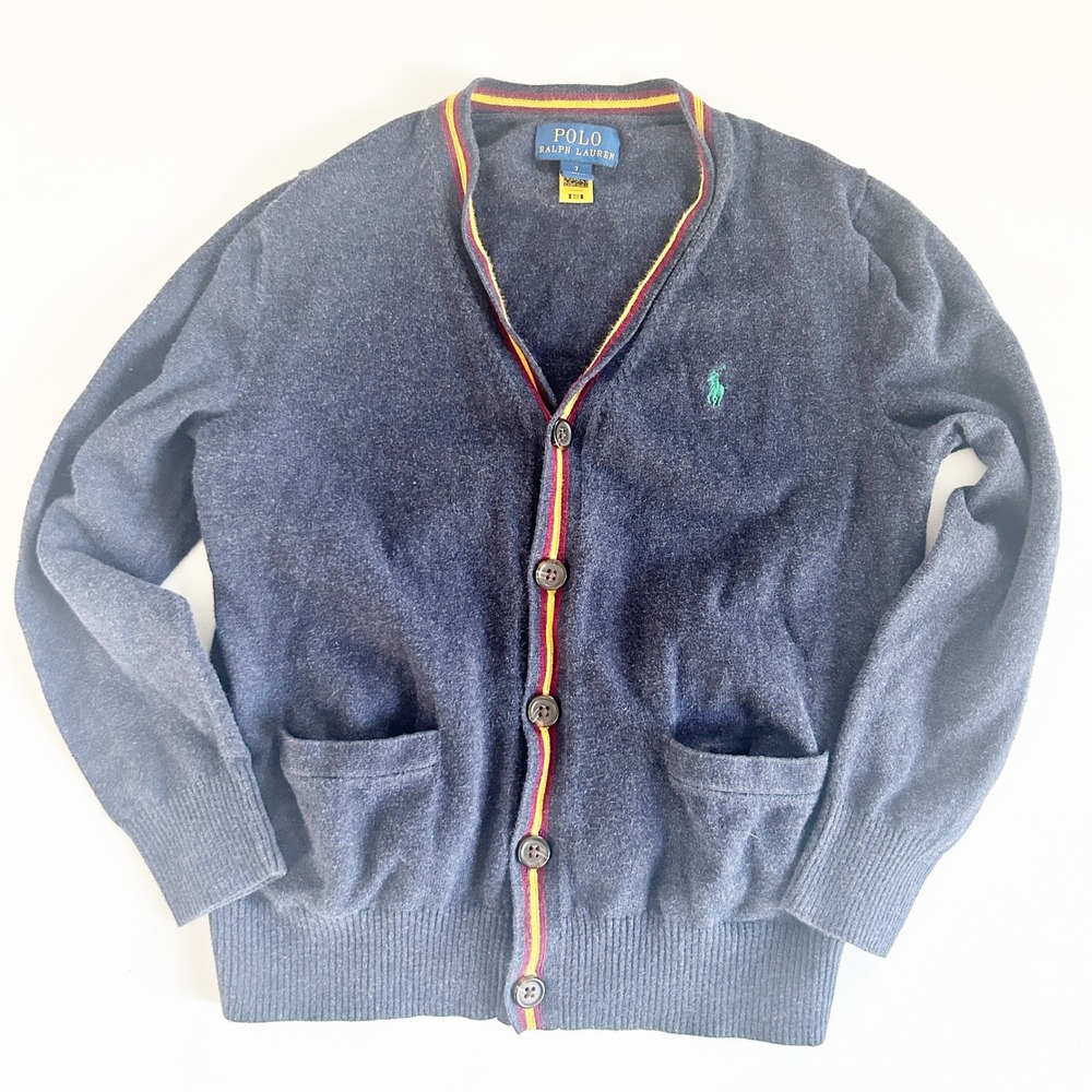 Polo Ralph Lauren Kids Navy Blue Striped Trim Preppy Cardigan Sweater‎ Size 7